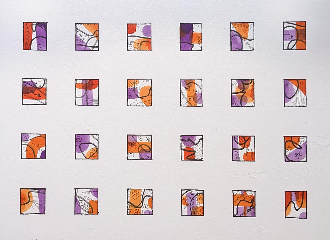 small rectangles with doodles and watercolour